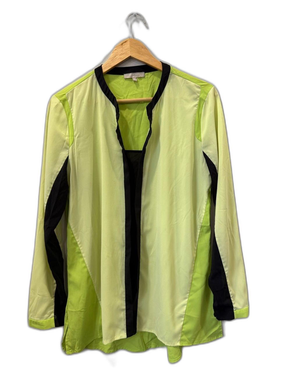 Joan Vass Blouse Women’s Medium Lime & Black Long Sleeve Open Front Tunic !